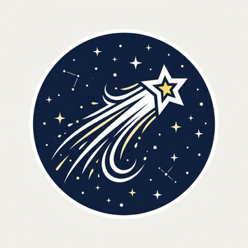 Stylized shooting star icon with flowing comet tail on a dark blue circular background featuring celestial constellations and glowing night sky elements
