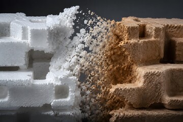 Obraz premium Recycling Concept Showing Crushed Plastic Foam and Natural Fiber Blocks, with Dust Particles, on a Transparent Background