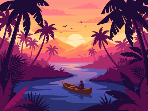 A breathtaking sunset paints the sky in hues of orange and pink as a lone paddler sits in a canoe on a calm river, surrounded by lush tropical trees and scenic beauty.
