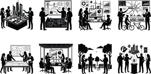 Obraz premium Sustainable Urban Mobility and Smart Transportation Icons Set Featuring Public Transit Electric Vehicles and Cycling Infrastructure.eps,