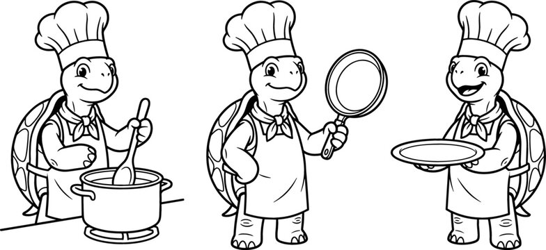 Cute Cartoon Chef Turtle Vector Illustration Set with Character Mascot Cooking Holding Frying Pan Plate and Stirring Pot for Kids Coloring Books and Kitchen Designs