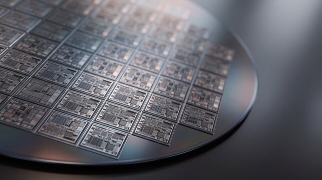 High density silicon semiconductor wafer with square chip dies 3D illustration with copy space