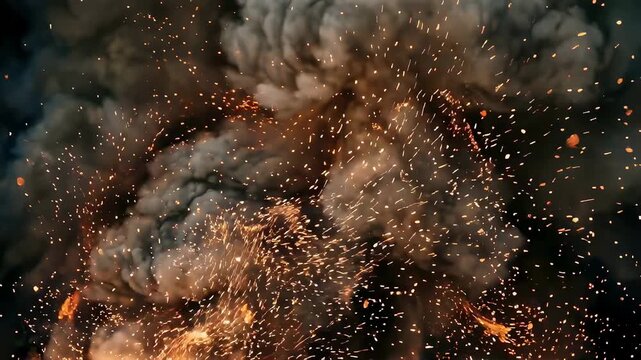 Large explosion with massive grey smoke cloud and glowing sparks. Cinematic blast footage creating destruction, war impact, and powerful fire effect on battlefield.