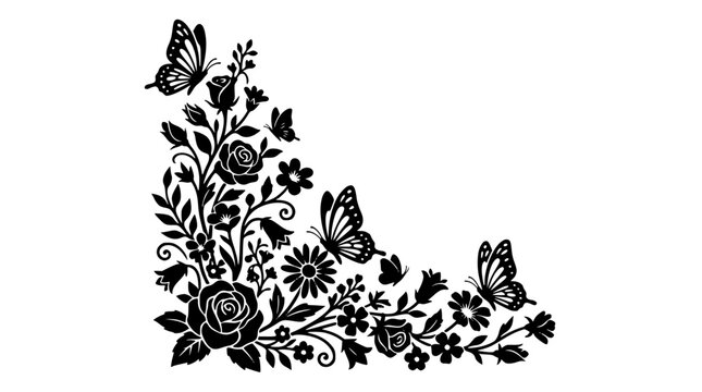 Floral corner border silhouette with roses and butterflies on white background