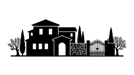 Obraz premium Silhouette of a Mediterranean villa with olive trees and iron gate