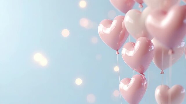 Balloons shaped like hearts rise into the sky. The background has bright lights that create a cheerful atmosphere. This event seems joyful and festive