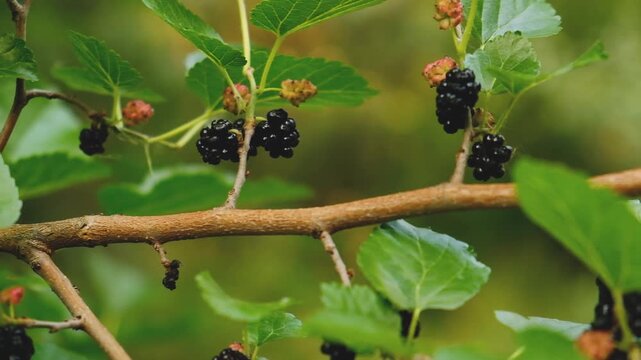 Ripe and unripe black mulberries hanging on branch with green leaves in summer garden