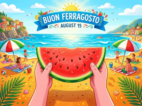 Buon ferragosto celebration on a sunny beach with a slice of watermelon