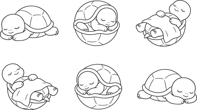 Cute Cartoon Baby Turtle Sleeping Bedtime Vector Illustration Set with Character Mascot Tucked under Blanket and Napping in Shell for Kids Coloring Books