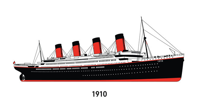 Detailed historical illustration of a large four-funnel ocean liner from the year 1910 shown in profile with its black hull and red funnels.