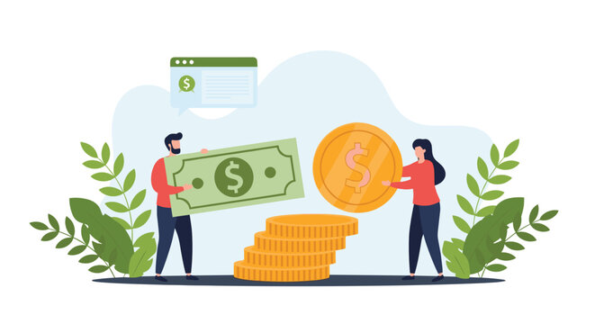 Financial concept illustration showing a man and woman managing money by holding a giant dollar bill and a large gold coin over a stack of coins.
