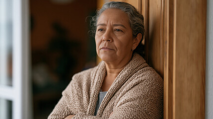 Obraz premium Roma caregiver in her fifties watching a dementia patient she has cared for daily not recognize her today, standing in a doorway of a care facility room, composure held by a
