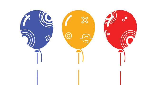 Three festive balloons in blue, orange, and red decorated with white geometric patterns and strings on a plain background.