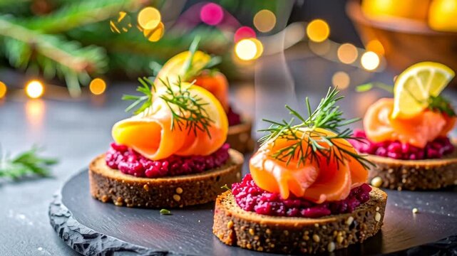 Festive Smoked Salmon and Beetroot Canap?s on Dark Bread with Dill and Lemon for Holiday Party