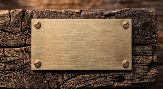 Blank brushed brass metal plaque mockup screwed on highly textured weathered reclaimed wood