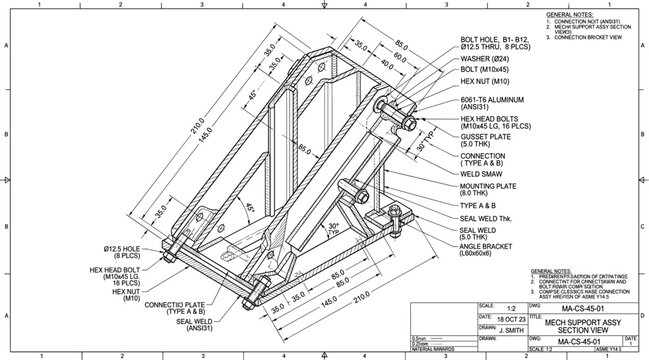 Industrial engineering blueprint vector design containing mechanical support section view measurements assembly layout diagram and corporate architectural lines