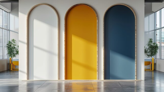 Three large wood panels in dark blue, white and yellow colors, standing next to each other in different leves, used for creating an entrance with an arched top and flat bottom.