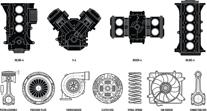 Mechanical automotive engineering vector set featuring engine types v4 inline boxer piston assembly turbocharger and mechanical car parts diagram