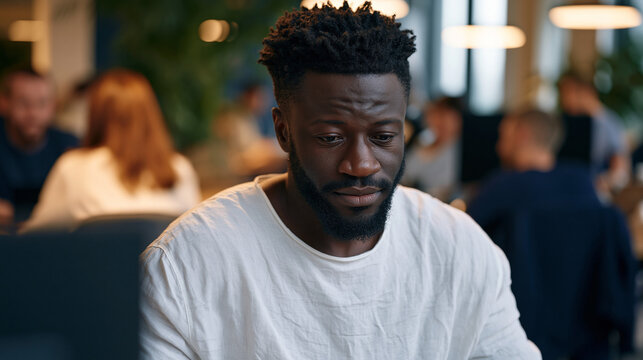 Nigerian software engineer in open-plan tech office staring at own reflection in dark monitor screen, colleagues animated in background, internal doubt expression, imposter