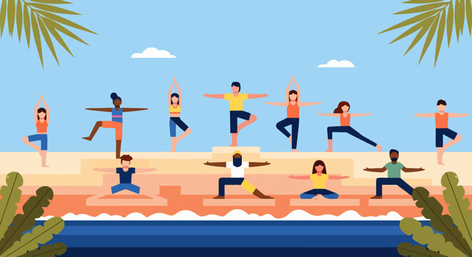 Diverse group of people practicing yoga on the beach.