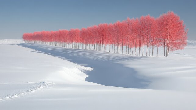 Tranquil Winter Landscape with Row of Pink Trees and Snow-Covered Fields