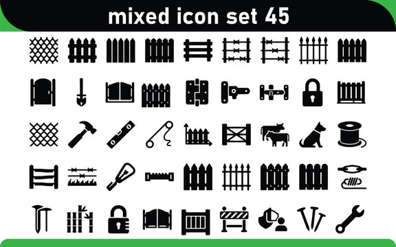 Collection Of Black Flat Icons Depicting Various Objects And Symbols On A White Background icon set graphic