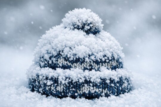 A knitted hat covered in snow on a snowy day, perfect for winter scenes and cold weather photos