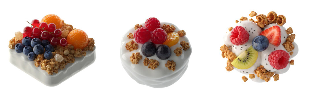  Set of yogurt parfait with fruits and granola isolated on a transparent background