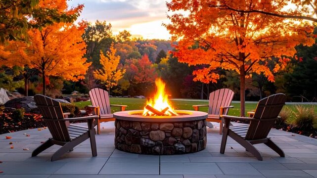 Cozy autumn evening: Backyard patio with stone fire pit, burning logs, and Adirondack chairs amidst vibrant fall foliage at sunset