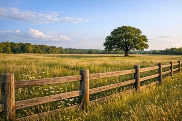Fototapeta premium A wooden fence borders a green field, with a tall tree visible in the distance