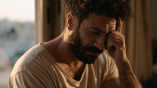 Lebanese man pressing forehead against window of his childhood bedroom now converted to a storage room during a home visit, cultural shame, immigrant return, family expectation,