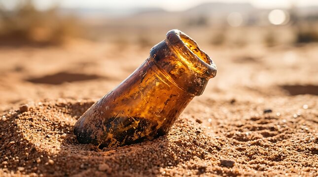 Old glass bottle half buried in the sand under warm sunlight on a beach