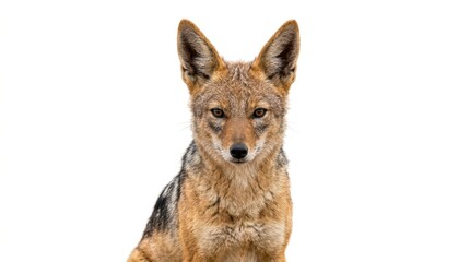 Obraz premium Portrait of a blackbacked jackal looking directly at the camera isolated on white background