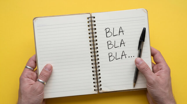 Handwritten bla bla text in open notebook, person holding spiral notepad with pen on yellow background, creative brainstorming and nonsense concept