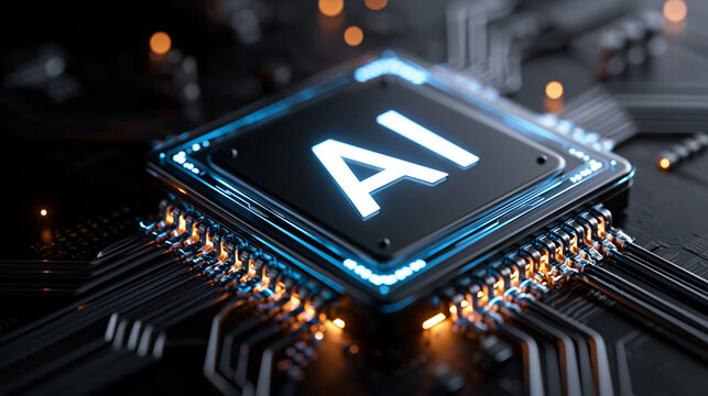 Mikrochip mit KI-Schriftzug leuchtet auf einer Platine