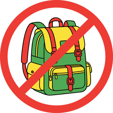 No backpacks allowed warning sign with school rucksack inside red prohibition circle flat vector illustration