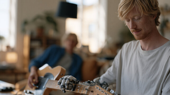 Young adult born without a forearm practices guitar for the first time using a prosthetic robotic hand that translates neural signals into precise finger movements, warm indoor