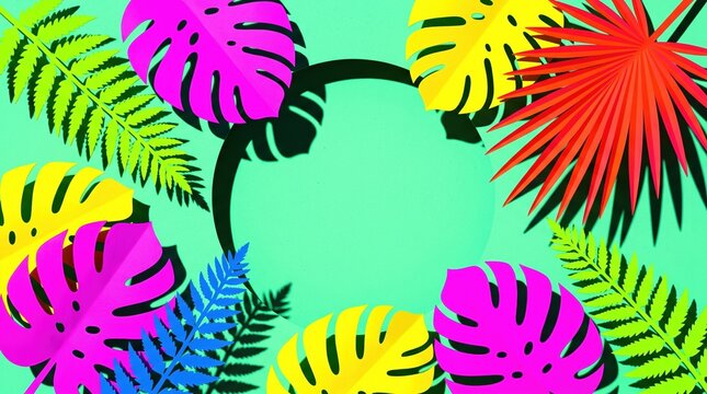 Exotic plants in bold rainbow colors. Tropical layout mockup. Background with painted leaves. Minimal colorful jungle concept art. 3D Render.