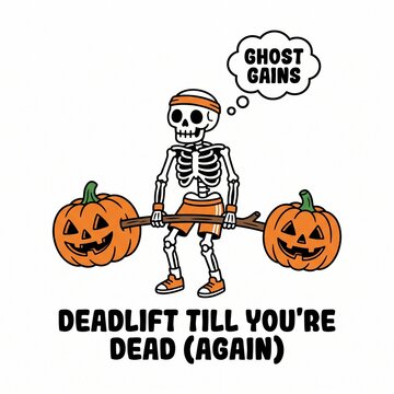 Cartoon Skeleton Weightlifting with Jack O Lantern Pumpkins for Halloween Fitness Motivation