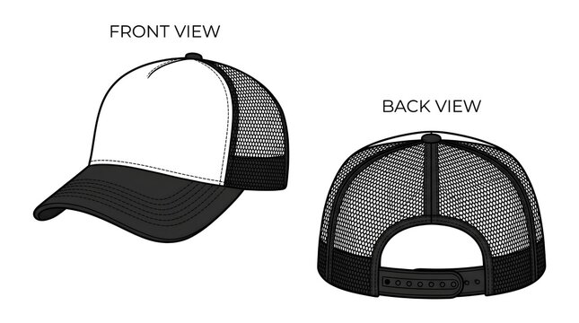 Commercial Blank Trucker Hat Sketch Front Back Apparel Design Template Illustration.