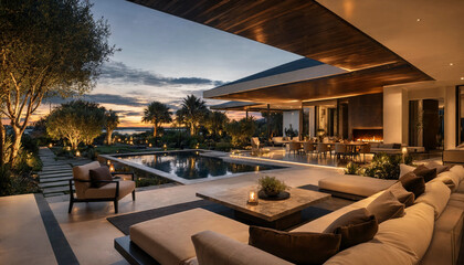Obraz premium Luxurious outdoor terrace lounge of a private villa overlooking a scenic swimming pool at sunset twilight with architecture furniture relaxing twilight lifestyle vacation lighting