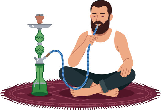 Bearded man sitting cross legged on traditional rug smoking green shisha hookah vector illustration on white background