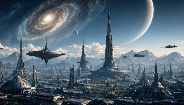 Sprawling futuristic alien city featuring massive spiral galaxy in background sky sci fi futuristic architecture technology structures advanced exploration imaginary metropolis