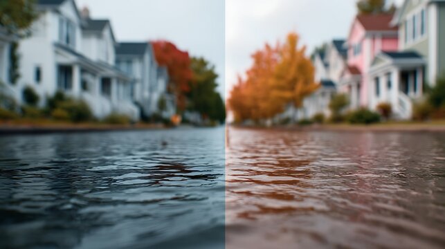 A suburban street with houses on both sides is flooded with water, showing a dramatic before and after effect of floodwater on the neighborhood.