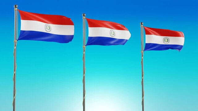Three Paraguay national flags waving smoothly on flagpoles in a seamless loop, realistic 3D animation with detailed fabric simulation in 4K against a clear blue sky for patriotism and global themes.