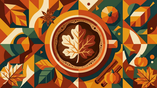 Geometric autumn pumpkin spice latte art illustration featuring fall leaves and cinnamon sticks in a vibrant flat design style for seasonal background