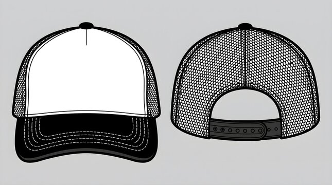 Bold trucker cap template featuring front back views with crisp mesh details for apparel branding projects.