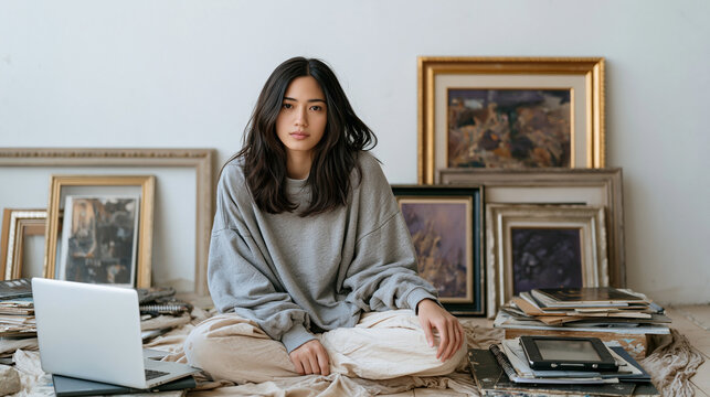 Filipino woman in her early thirties sitting in a minimalist white-walled studio space surrounded by artifacts of her former career and her new artistic practice, one hand