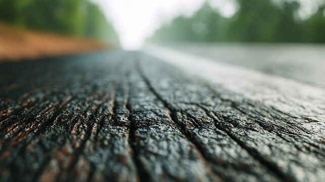 Close-up of a textured asphalt road surface with a white line, blurred green trees in the background.