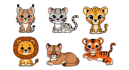 Cartoon Illustration of Six Cute Big Cat Characters. © Pasni